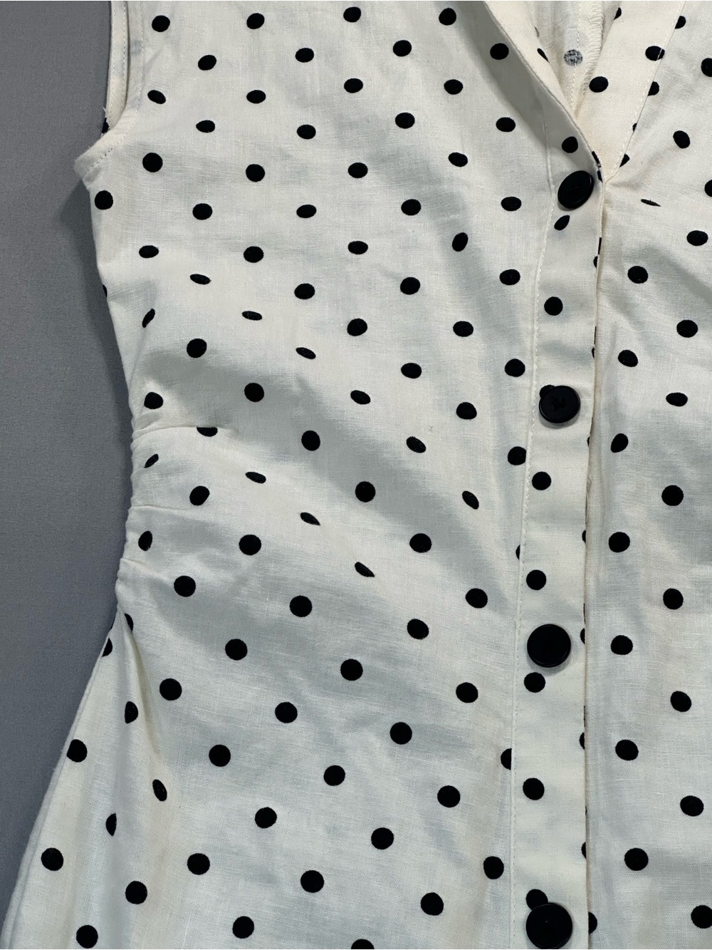 Zara Polka-Dot Linen-Blend Fitted Midi Dress, Cap Sleeve, Ruched - Womens XS - Picture 10 of 16